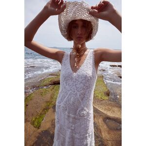 ZARA V-Neck Contrast Crochet Knit Lace Midi Dress White Size S NWT